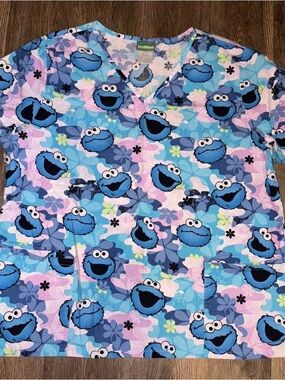 Y2K Cookie Monster floral scrub top